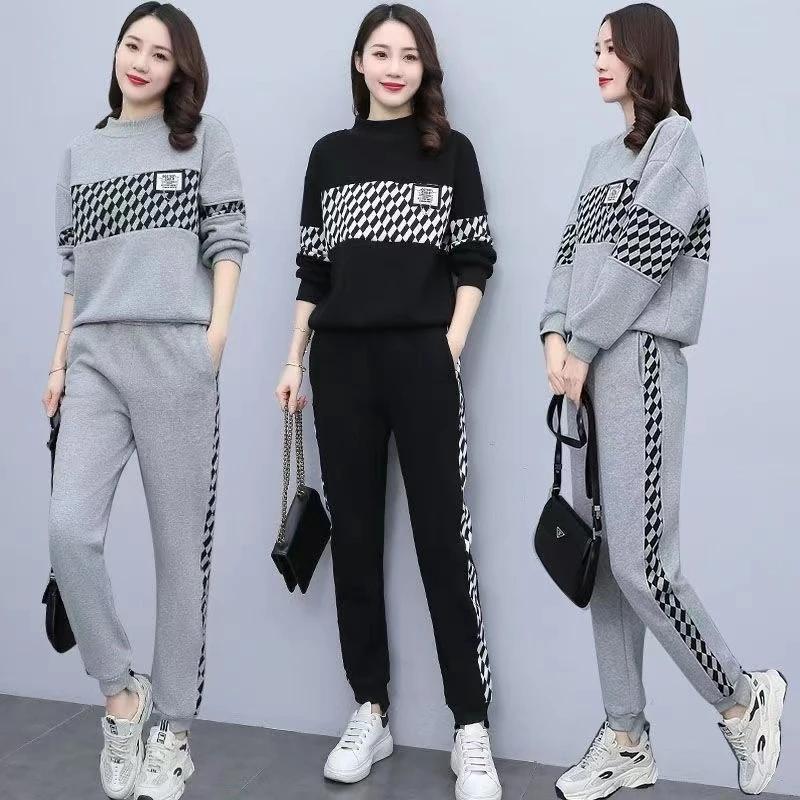 Womens Round Neck  and Sweatpants Set, Loose Hoodie, Running, Korean Sle, Plus Size, Western Sle, Spring and Autumn